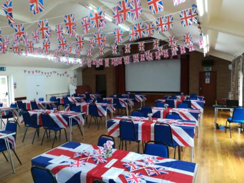 Village Hall Decorated for events to celebrate The Queen's Platinum Jubilee